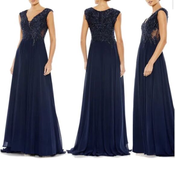 MAC DUGGAL 20264 APPLIQUED CAP SLEEVE EMBELLISHED BODICE NAVY FLOWY $ 598 NWT - Picture 1 of 7